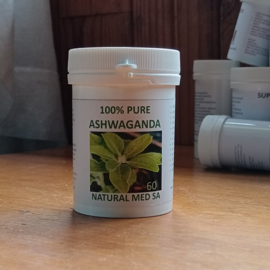 Jar of 100% Pure Ashwagandha on a wooden surface