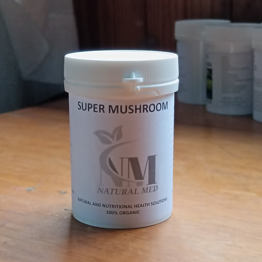 Super Mushroom container with 'Natural Med' branding on a wooden surface